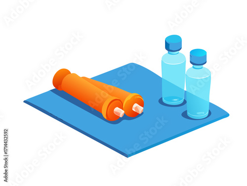 Two orange insulin pens and two water bottles on a blue mat isolated on transparent background