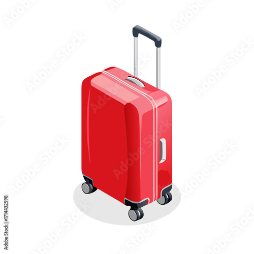 Red rolling suitcase with telescopic handle isolated on transparent background