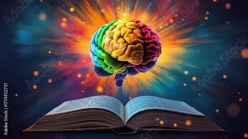 Colorful brain emerging from an open book with a vibrant explosion of light in the background