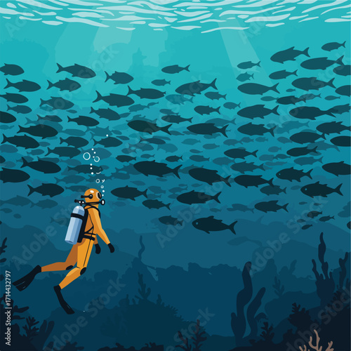 Diver observes a school of fish in an underwater scene with stylized ocean floor details