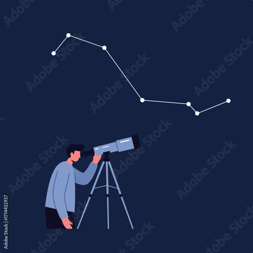 Stargazer observes a constellation with a telescope on a dark blue background