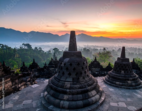 Ancient Buddhist temples at sunrise