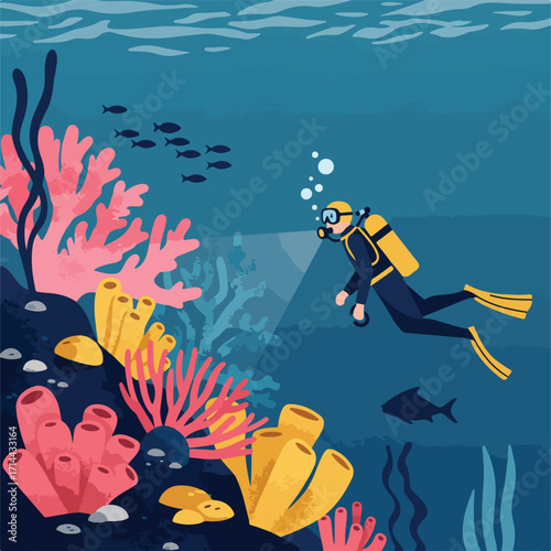 Scuba diver explores vibrant coral reefs and diverse marine life in a serene underwater scene