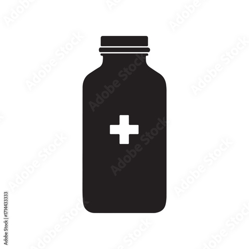 Black Medicine Bottle With White Cross Symbol On White Background