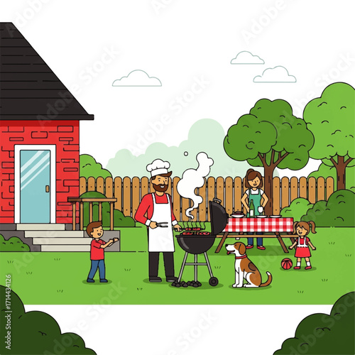 Cheerful family enjoying a backyard barbecue, grilling delicious food and spending quality time together on a sunny day