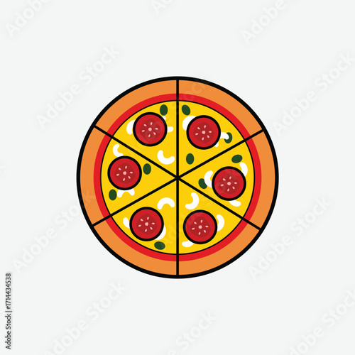 Flat Cartoon Pepperoni Pizza Icon – Vector Illustration of Whole Pizza with Slices
