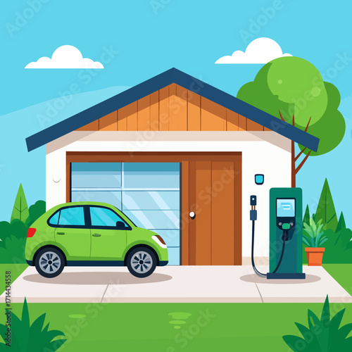 A vibrant illustration of an electric vehicle charging at a home charging station, showcasing eco-friendly transportation.