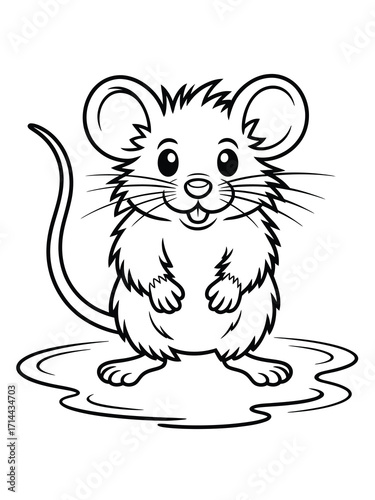 Cute cartoon mouse standing on a puddle illustration