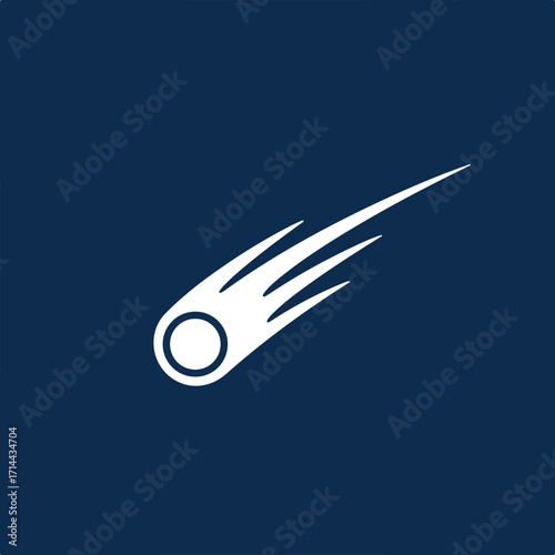 White stylized comet with streaming tail on navy blue background, graphic icon design