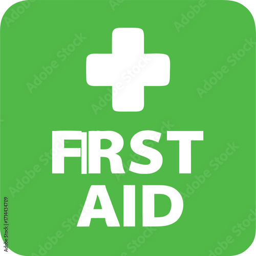 Bright green first aid symbol with white cross and text for emergency medical assistance vector