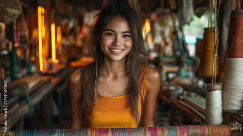 Artisan's Delight: Portrait of a smiling young artisan, surrounded by vibrant craftwork, weaving with delicate precision and genuine happiness.