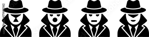 A conceptual representation of enigmatic figures in hats and trench coats, portraying various expressions of mystery, intrigue, and covert operations, ideal for themes of investigation and secrets