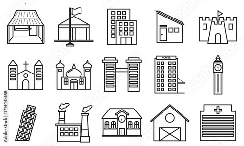 Building icon set. Building icon set in line black flat house, office, bank, school, hotel, shop, university, city, real estate and hospital symbol.