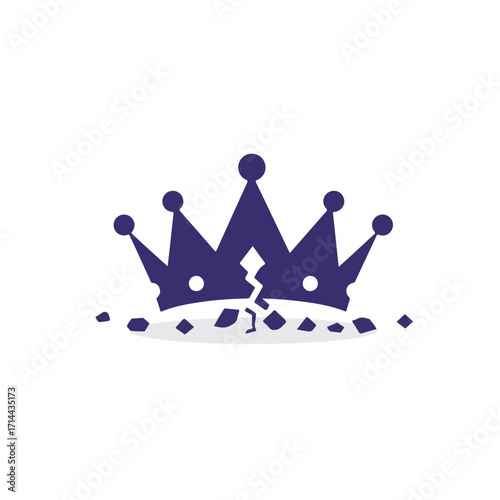 A dark blue shattered crown sits on a pile of rubble, isolated on a white background