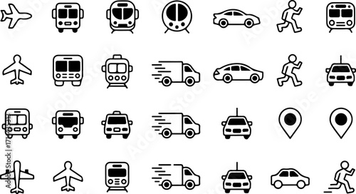 Collection of transportation icons and symbols airplane, bus, train, car, taxi, delivery truck, runner, and location pin, vector illustrations