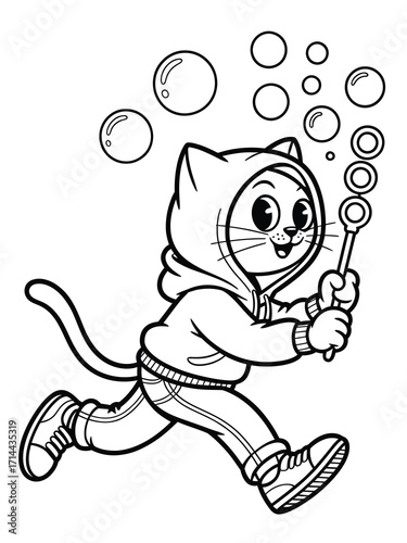 Cute cartoon cat character blowing bubbles while running