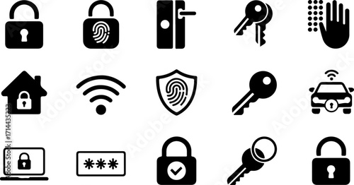 Security Icons A Collection of Lock, Key, Fingerprint, and Password Symbols for Digital and Physical Security