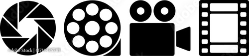 A vector graphic collection of essential filmmaking and photography icons in a simple black silhouette style. Features a camera shutter, film reel, movie camera, and filmstrip
