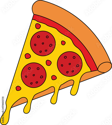 Flat Cartoon Pizza Slice Icon – Vector Illustration of Cheesy Pepperoni Pizza