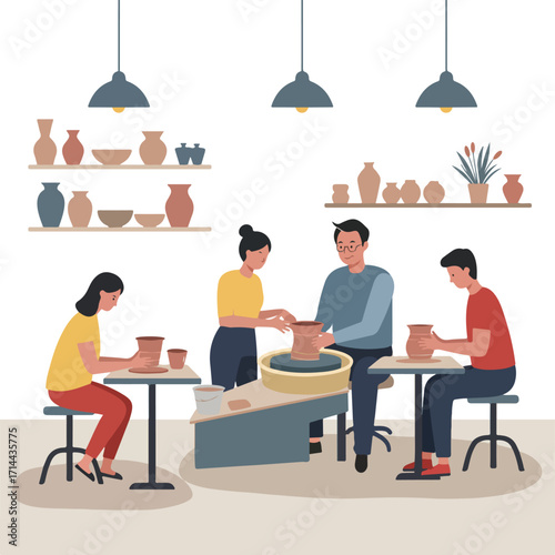 Flat vector illustration people in pottery class, making pottery, shelves with ceramics