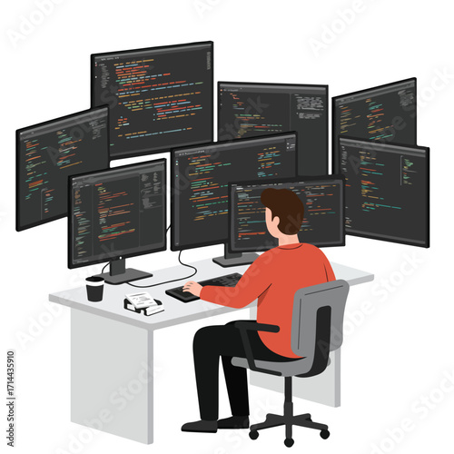 A person at a desk surrounded by computer monitors displaying lines of colorful code
