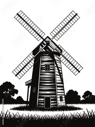 Rustic wooden windmill with large sails in a field