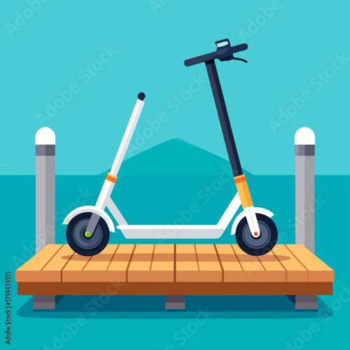 Modern electric scooter parked on a wooden dock by a calm body of water