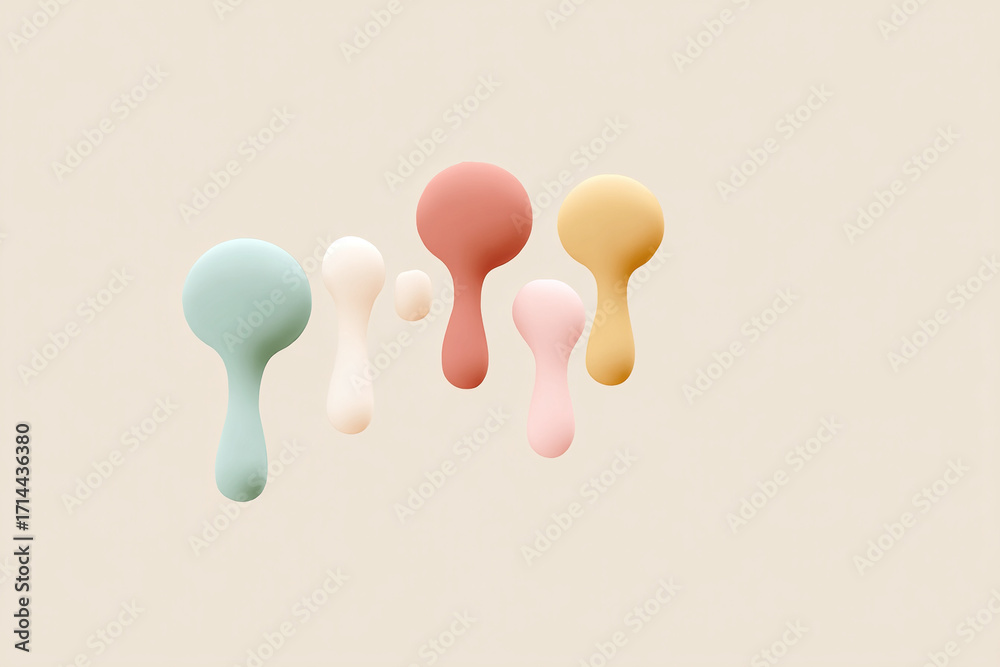 Fototapeta premium Abstract pastel blobs with a melting effect against a muted beige background, creating a minimalist and whimsical composition.