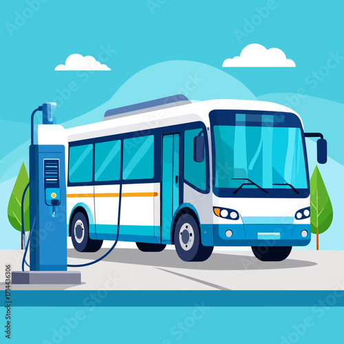 Electric bus recharging at a charging station, sunny day, clean energy transportation.
