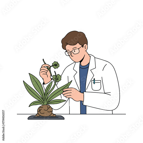 Scientist inspecting exotic plant with long leaves, root bulb, and smaller plant sprouts