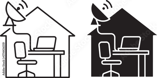 Home Office Icon with Laptop Desk Chair and Satellite Internet Connection