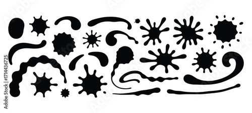 WebDynamic collection of striking black ink splatters and blots for artistic designs, offering versatile elements for modern abstract backgrounds and creative graphic projects