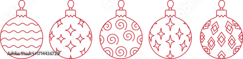 A cohesive series of five distinct Christmas ornaments presented in a uniform red line art style, ornament features a unique and fun pattern
