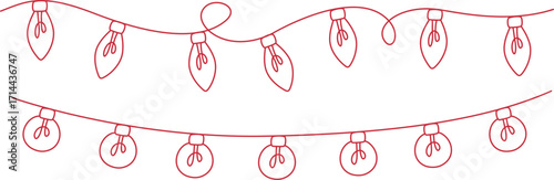 Two separate rows of festive Christmas lights presented in a clean red line art style, with each string featuring distinct bulb designs and flowing curves
