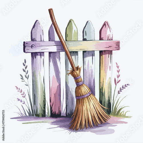 Broom leaning against colorful wooden fence in garden setting  