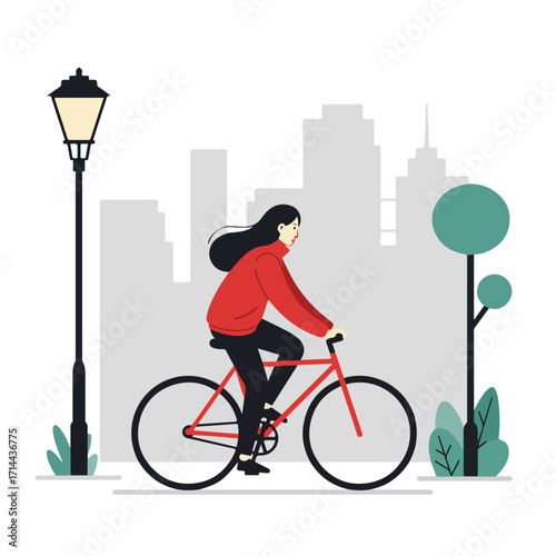 Illustration of a person riding a red bicycle in a city with trees and a lamppost
