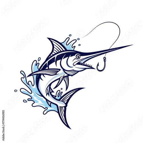 Marlin fish mascot vector logo with hook, water spray, and bold sports fishing style