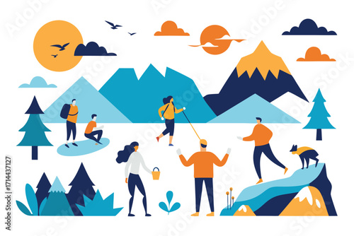 Vector art of a group of people enjoying outdoor activities in a mountain landscape, hiking, camping, and enjoying nature