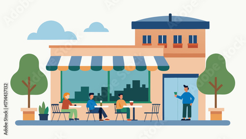 Vector art of people sitting at tables outside a cafe, enjoying coffee and conversation in a relaxed atmosphere