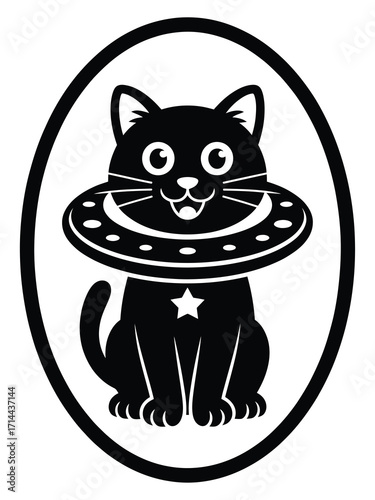 Black cat wearing a ufo spaceship collar in a circle