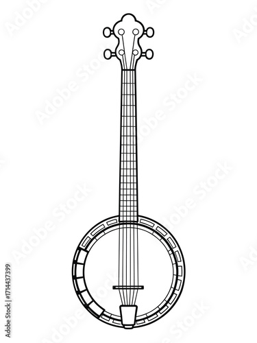Black and white line drawing of a banjo musical instrument