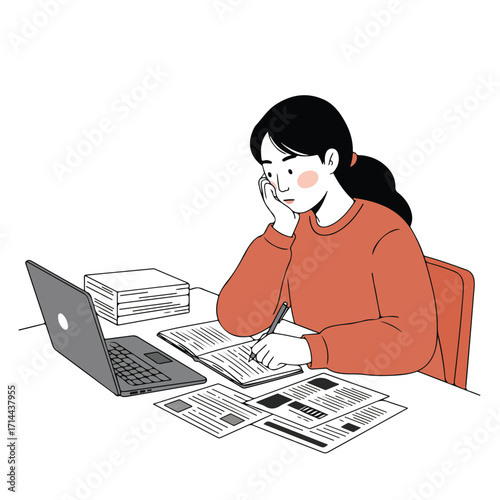 Animated woman sitting at a desk with a laptop, books, and papers, thinking or looking frustrated