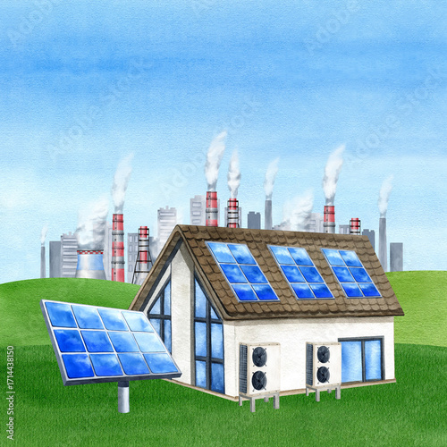 Solar panel on house on green field against backdrop of industrial city landscape, smoke stack. Eco-friendly illustration of Alternative sustainable energy with PV battery. Renewable source, blue sky