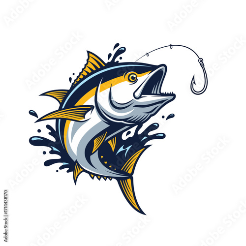 Tuna fish mascot vector logo with hook, dynamic splash, and bold sports fishing style