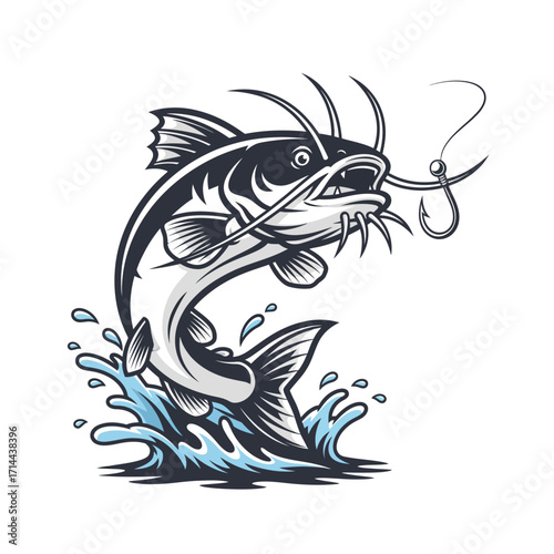 Catfish mascot vector logo with hook, splash water, and bold sports fishing style