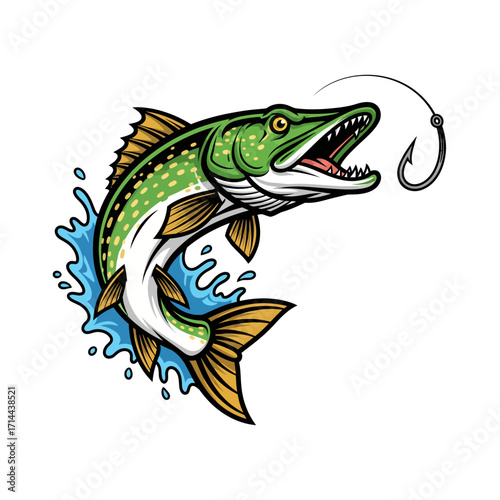 Pike fish mascot vector logo with hook, splashing water, and bold sports fishing style