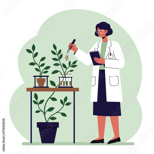 Botanist in white coat, adding seeds to greenery, stands with clipboard in lab
