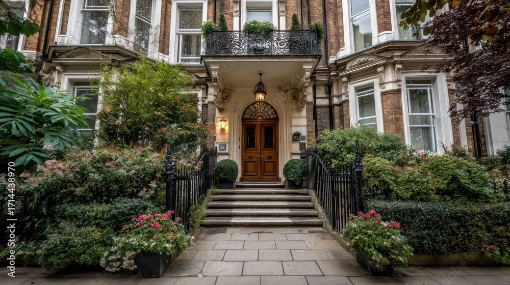 Fototapeta premium A luxury London property with a beautiful historic facade, located in an upscale neighborhood.