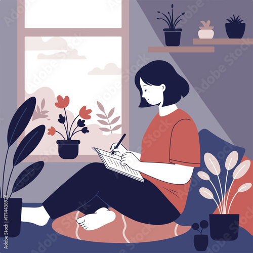 Girl writing in a journal by a window, surrounded by houseplants in a serene, cozy room