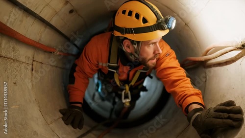 A man with a headlamp and orange suit crawls through a narrow, dark pipe, illuminating his path forward in a confined industrial space.